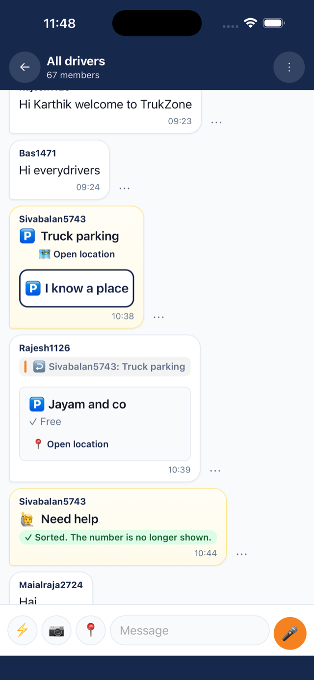 Group chat where drivers share truck parking and ask for help