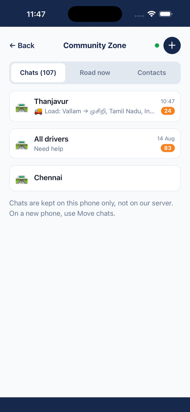 Community Zone chat list with route and town groups