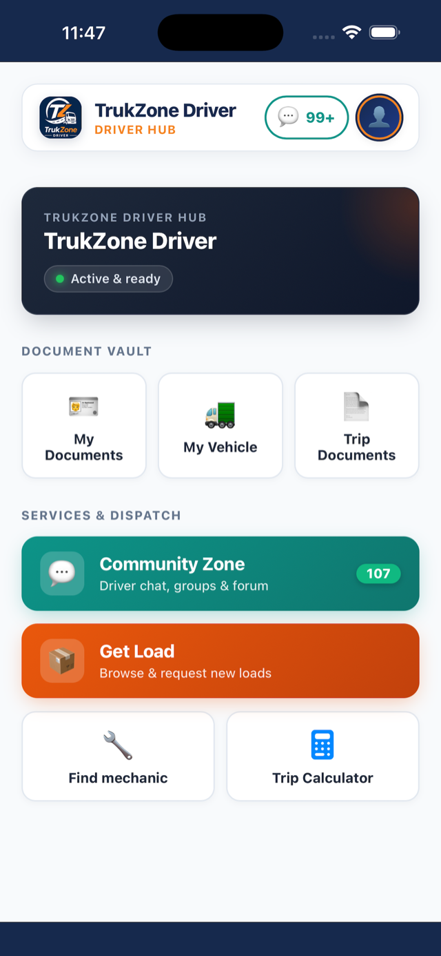 Home screen with document vault and services