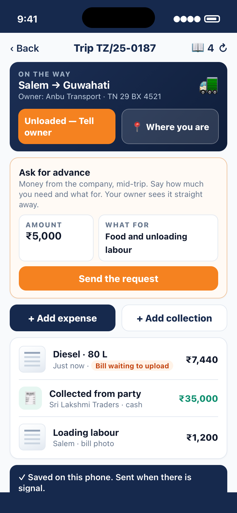 The driver's phone: Unloaded — tell owner, Ask for advance with amount and reason, Add expense and Add collection, and a bill waiting to upload