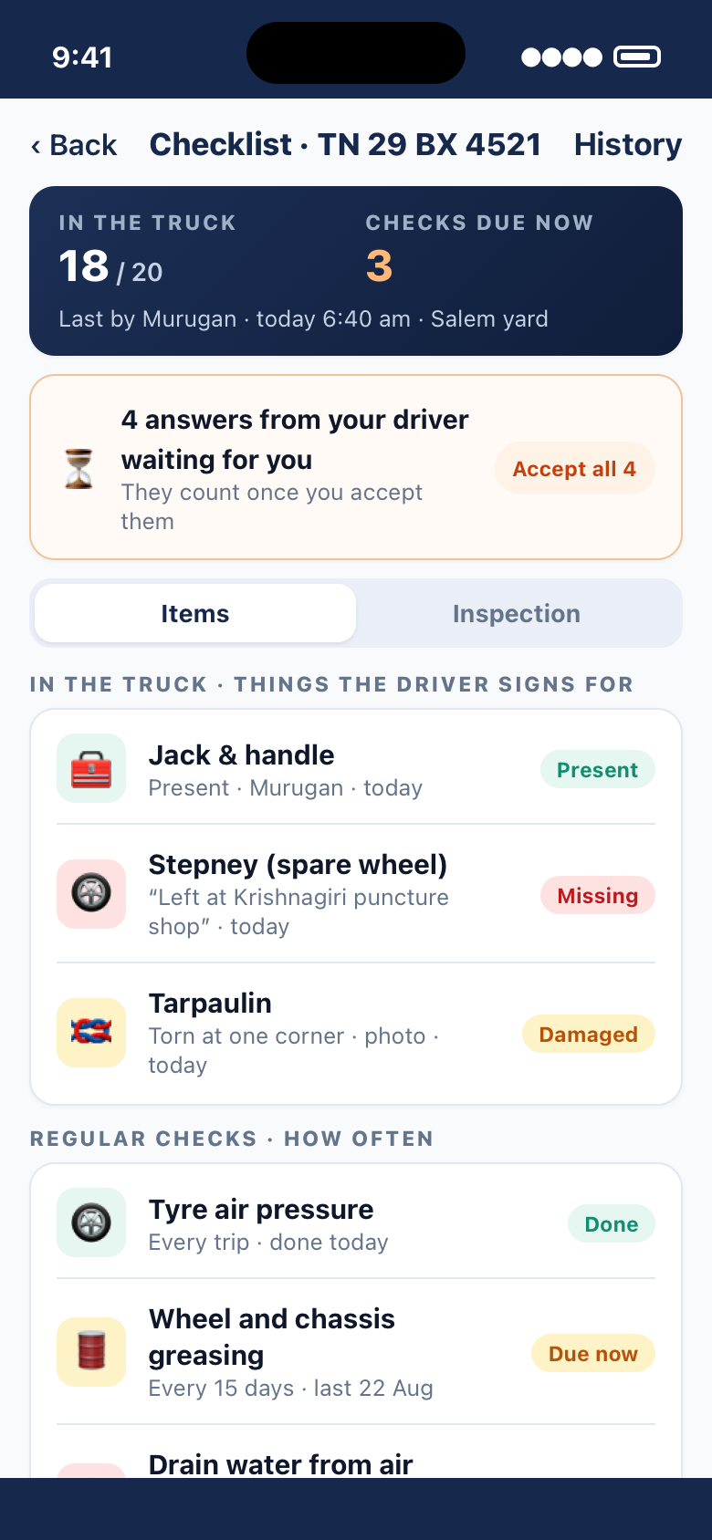 A truck's checklist on the owner's phone: 18 of 20 items in the truck, 3 checks due, the driver's answers waiting for approval, a missing stepney and a damaged tarpaulin, and regular checks with their intervals