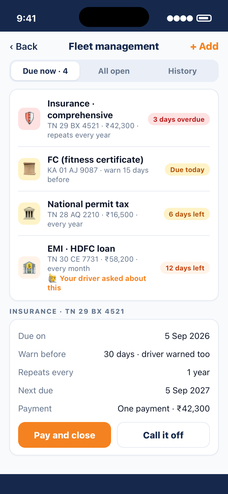 Fleet management on the phone: insurance three days overdue, FC due today, permit tax in six days, an EMI the driver asked about, and the insurance's detail with Pay and close