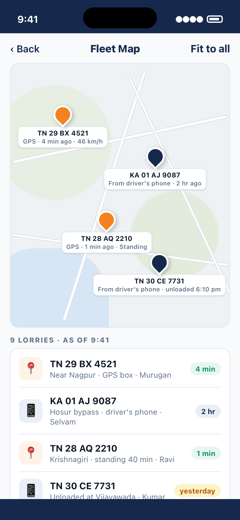 Fleet map with four lorries: two placed by GPS box, two from the driver's phone, each with the time it was last heard from