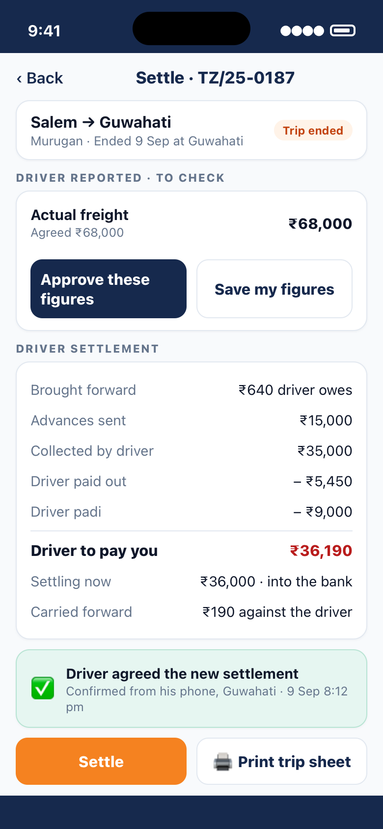 The owner's settlement screen: the driver's reported figures to approve, brought forward, advances, collections, driver to pay you, carried forward, and the driver's agreement