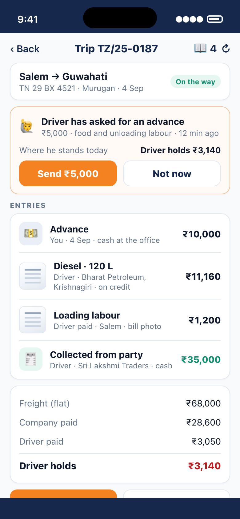 A live trip on the phone: the driver's advance request at the top, the entries below, and Complete trip / End trip buttons
